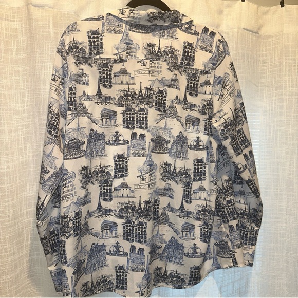 Karl Lagerfeld Womens Blouse XL Paris Print Button Up Roll Tab Parisian Scene - Picture 10 of 15